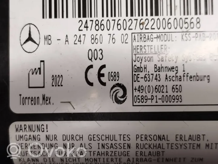 Mercedes-Benz GLB x247 Matkustajan turvatyyny A2478607602