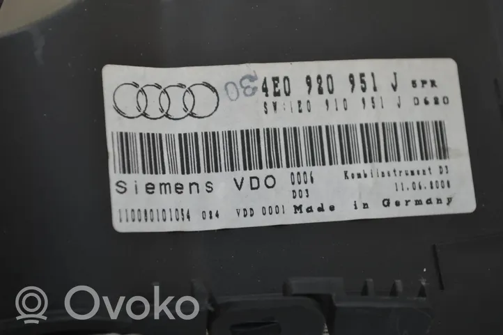 Audi A8 S8 D3 4E Tachimetro (quadro strumenti) 4E0920951J