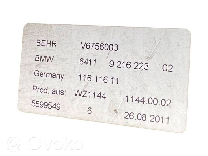 BMW 6 F12 F13 Ohjaamon sisäilman mikrosuodattimen kansi 64119216223