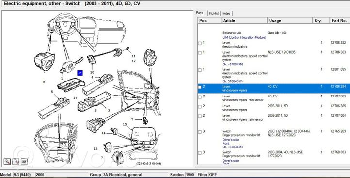 Saab 9-3 Ver2 Interruttore velocità tergicristallo 12786384