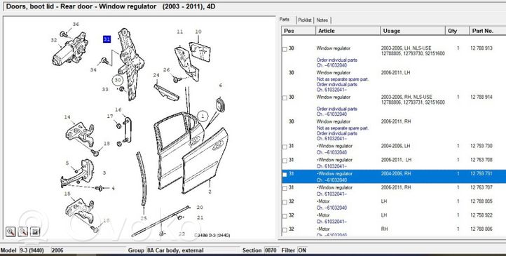 Saab 9-3 Ver2 Motorino alzacristalli della portiera posteriore 12793731