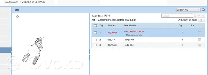 Volvo V70 Pedale dell’acceleratore 31329057