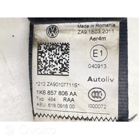 Volkswagen Golf VI Pas bezpieczeństwa fotela tylnego 1K6857806AA