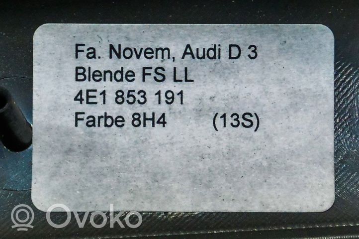 Audi A8 S8 D3 4E Kojelaudan hansikaslokeron lista 4E1853191