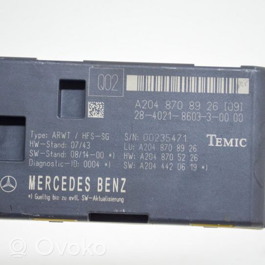 Mercedes-Benz C W204 Takaluukun/tavaratilan ohjainlaite/moduuli A2048705226