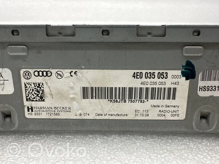 Audi A8 S8 D3 4E Radio/CD/DVD/GPS-pääyksikkö 4E0035053