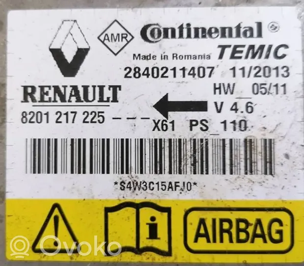 Renault Kangoo II Module de contrôle airbag 8201217225