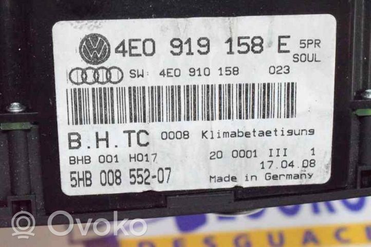 Audi A8 S8 D5 Ilmastoinnin ohjainlaite 4E0919158E