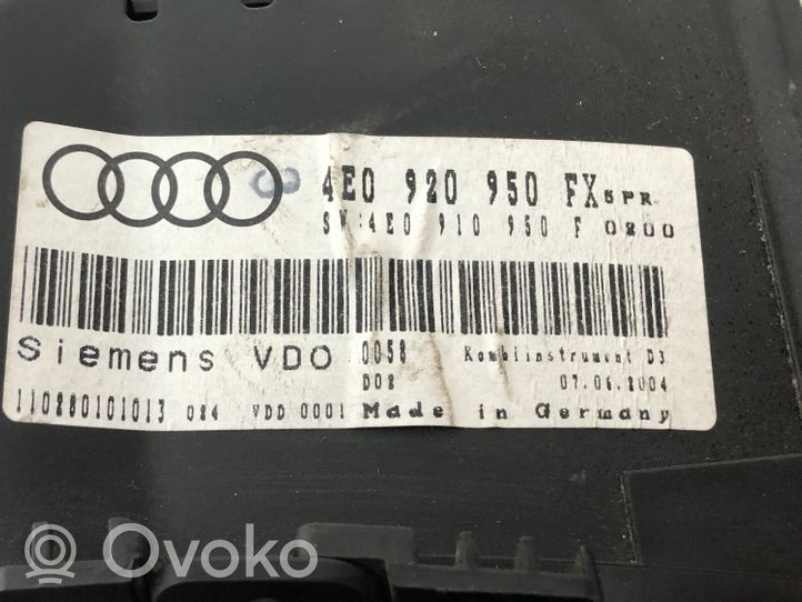Audi A8 S8 D3 4E Compteur de vitesse tableau de bord 4E0920950FX