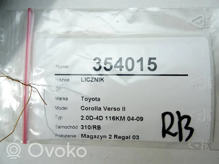 Toyota Avensis Verso Compteur de vitesse tableau de bord 83800-0F060-L