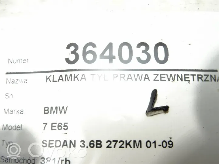 BMW 7 E65 E66 Poignée extérieure de porte arrière 