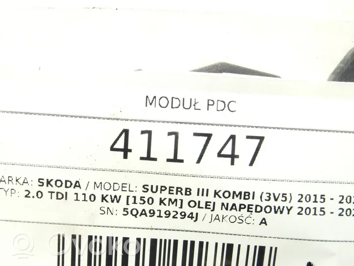 Skoda Superb B8 (3V) Unité de commande, module PDC aide au stationnement 5QA919294J