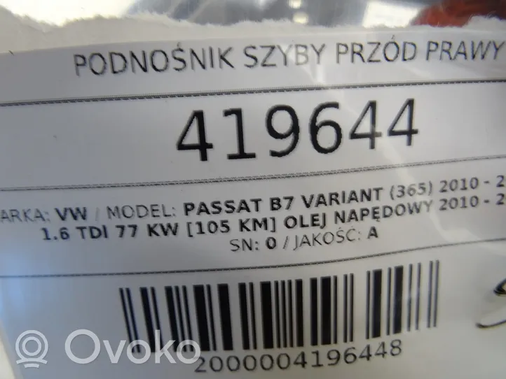 Volkswagen PASSAT B7 Elektryczny podnośnik szyby drzwi przednich 3AA959702A