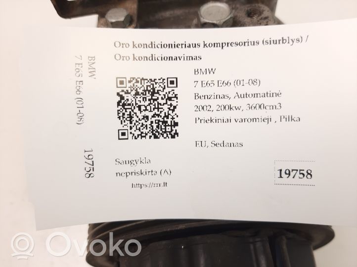 BMW 7 E65 E66 Kompresor / Sprężarka klimatyzacji A/C 6901781