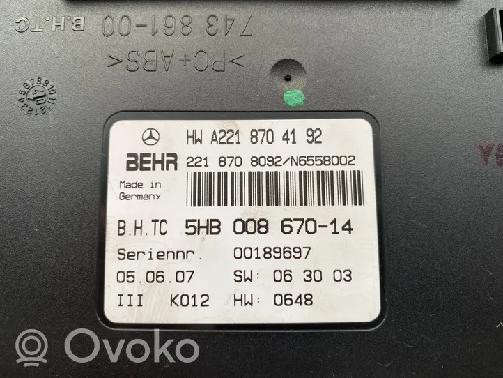 Mercedes-Benz S W221 Ilmastoinnin ohjainlaite A2218704192