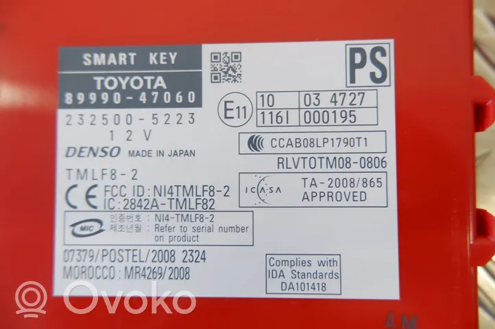 Toyota Prius (XW30) Moduł / Sterownik systemu uruchamiania bezkluczykowego 8999047060