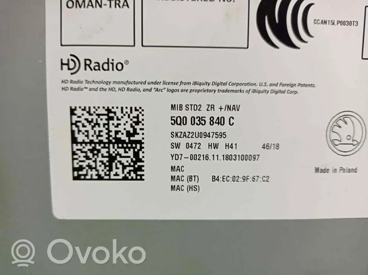 Skoda Karoq Radio/CD/DVD/GPS-pääyksikkö 5Q0035840C