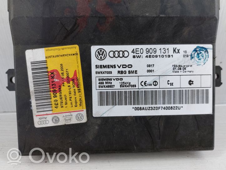 Audi A8 S8 D5 Moduł / Sterownik systemu uruchamiania bezkluczykowego 4E0909131KX