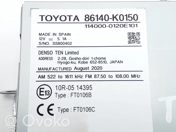 Toyota Yaris XP210 Radio/CD/DVD/GPS-pääyksikkö 86140K0150