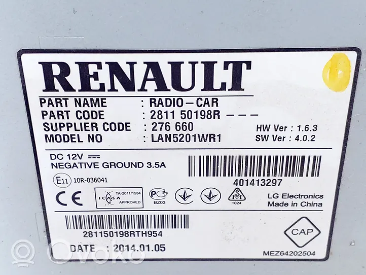 Renault Captur Radio/CD/DVD/GPS-pääyksikkö 281150198R