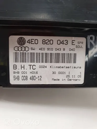 Audi A8 S8 D3 4E Ilmastoinnin ohjainlaite 4E0820043E