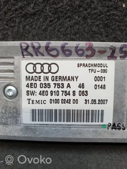 Audi A4 S4 B7 8E 8H Modulo di controllo comandi vocali 4E0035753A