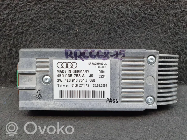 Audi A8 S8 D3 4E Äänikomentojen ohjainlaite 4E0035753A