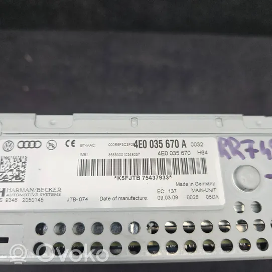 Audi A8 S8 D3 4E Radio / CD/DVD atskaņotājs / navigācija 4E0035670A