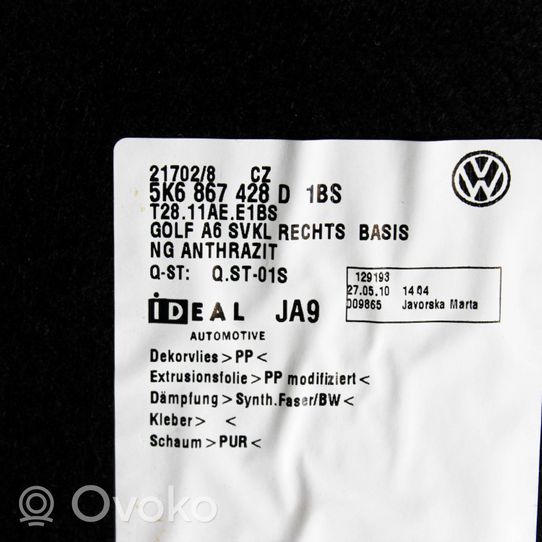 Volkswagen Golf VI Tavaratilan sivuverhoilu 5K6867428D