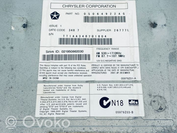Chrysler Sebring (JS) Radio/CD/DVD/GPS-pääyksikkö 05064922AG