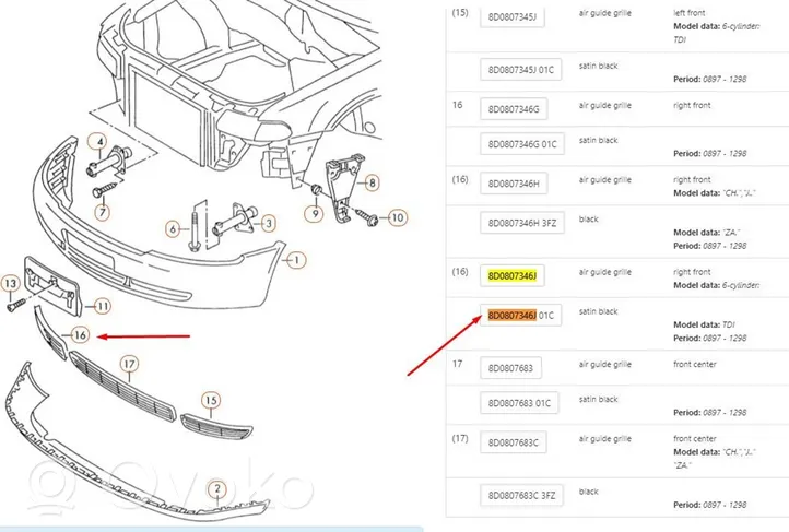 Audi A4 S4 B5 8D Kratka dolna zderzaka przedniego 8d0807346J