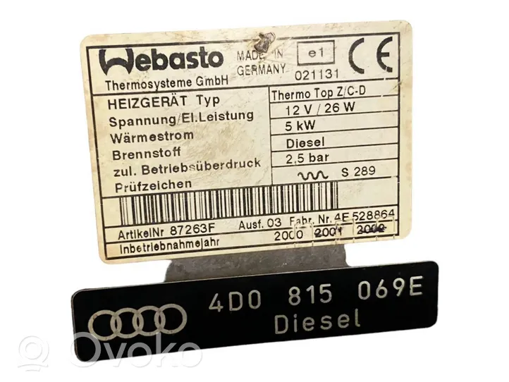 Audi A8 S8 D2 4D Unité de préchauffage auxiliaire Webasto 4D0815069E