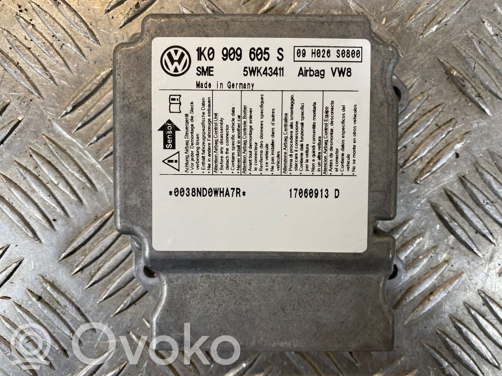 Sterownik / Moduł Airbag   1K0909605S,5WK43411,17060913D,0038ND0WHA7,09H026S0800