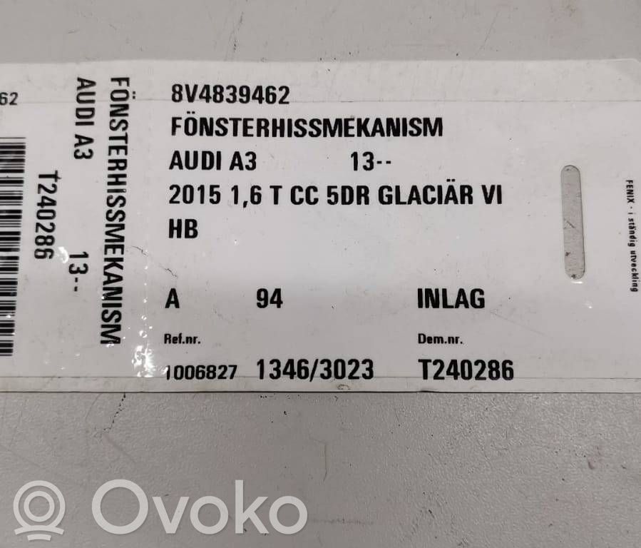 Audi A3 S3 8V Takaikkunan nostomekanismi ilman moottoria 