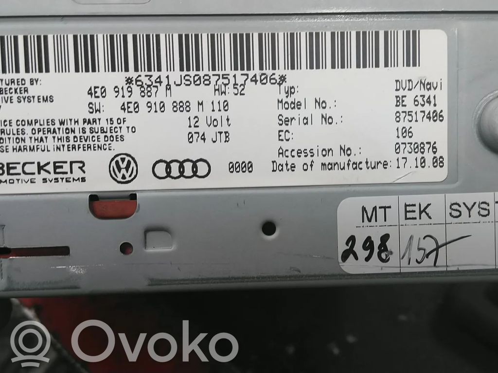 Navigation unit CD/DVD player   4E0910887M,4E0910887C,4E0910887D,4E0910887DX,4E0910887MX,4E0910887Q,4E0910887QX,4E0910887T,4E0910887TX,4E0910888E,4E0910888EX,4E0910888P,4E0910888PX,4E0919887C,4E0919887D,4E0919887DX,4E0919887M