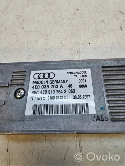 Audi A8 S8 D3 4E Äänikomentojen ohjainlaite 4E0035753E