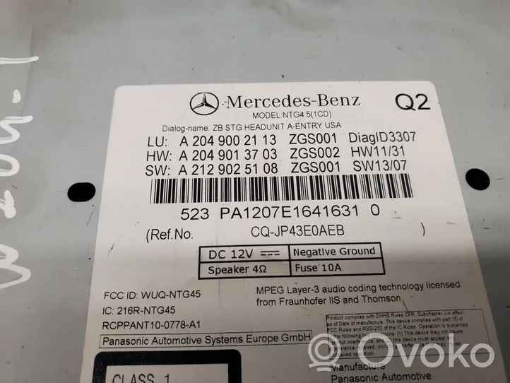 Mercedes-Benz C W204 Radio/CD/DVD/GPS-pääyksikkö A2049002113