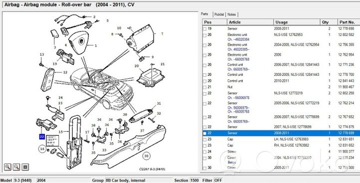 Saab 9-3 Ver2 Interrupteur commutateur airbag passager 12778699