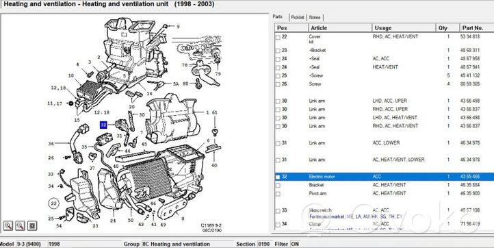 Saab 9-3 Ver1 Silniczek nagrzewnicy nawiewu klimatyzacji A/C 4365466