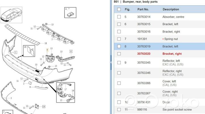 Volvo V50 Mocowanie narożnika zderzaka tylnego 30763019