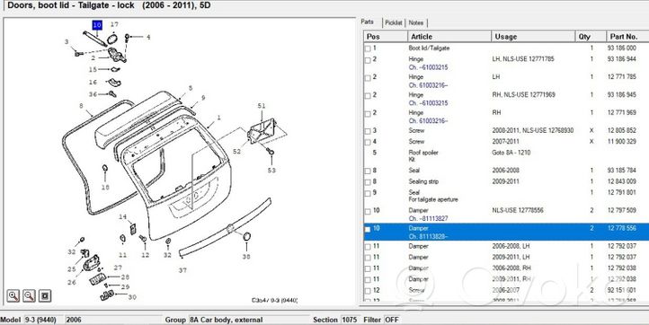 Saab 9-3 Ver2 Ressort de tension de coffre 12778556