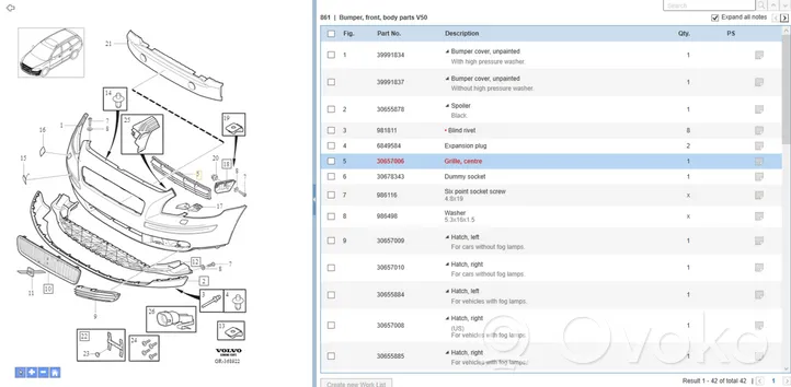 Volvo V50 Front bumper lower grill 30657006