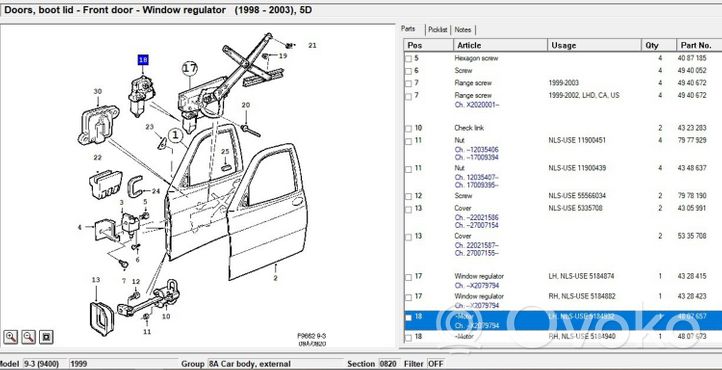 Saab 9-3 Ver1 Silniczek podnośnika szyby drzwi przednich 4807657