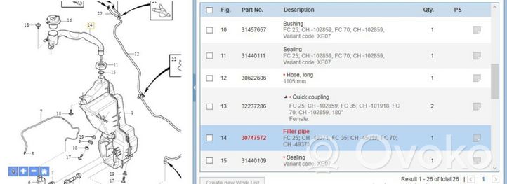 Volvo S60 Window washer liquid tank fill tube 30747572