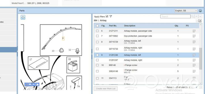 Volvo S80 Airbag da tetto 30715690