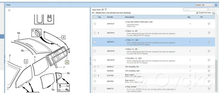 Volvo V70 Takasivuikkuna/-lasi 30674477
