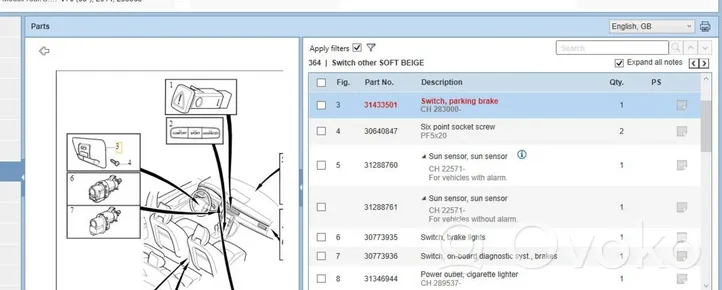 Volvo V70 Hand parking brake switch 31433501