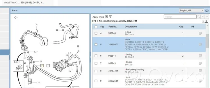 Volvo S60 Air conditioning (A/C) pipe/hose 31455070