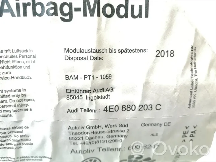 Audi A8 S8 D3 4E Airbag de passager 4E0880203C