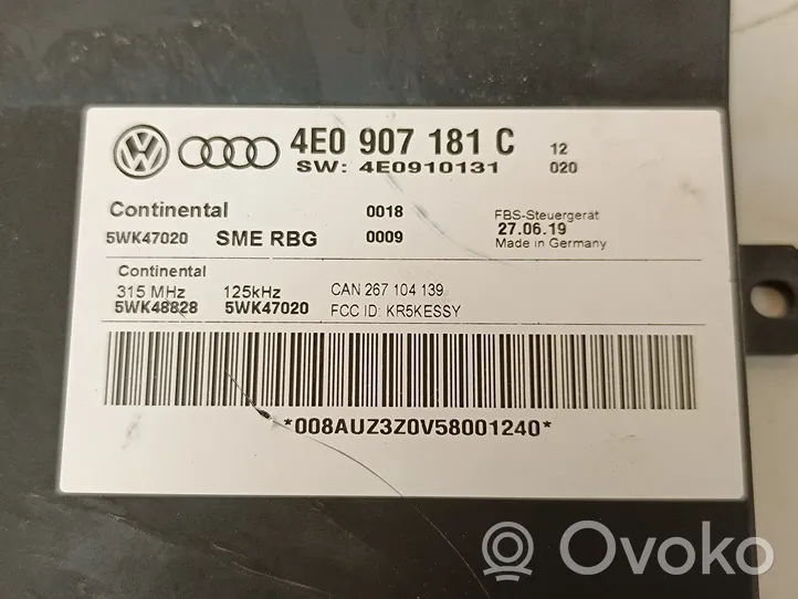 Audi A8 S8 D3 4E Avaimettoman käytön ohjainlaite/moduuli 4E0907181C